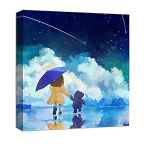 Canvas Wall Art Little Brother with Sister Sitting in Front of Cloud Painting Artwork for Home Decor Framed for Children - 12x12 inches