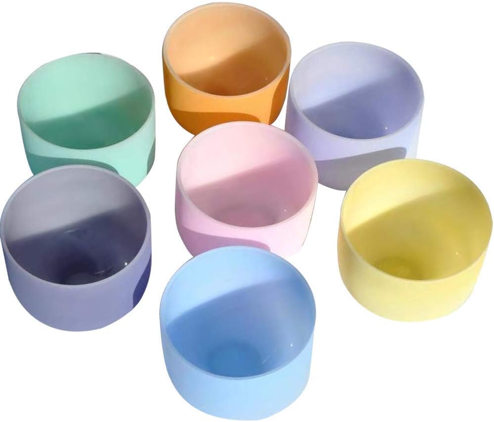 ENERGYSOUND 8"-12" 432Hz Chakra Tuned Set of 7 Colored Frosted Quartz Crystal Singing Bowl
