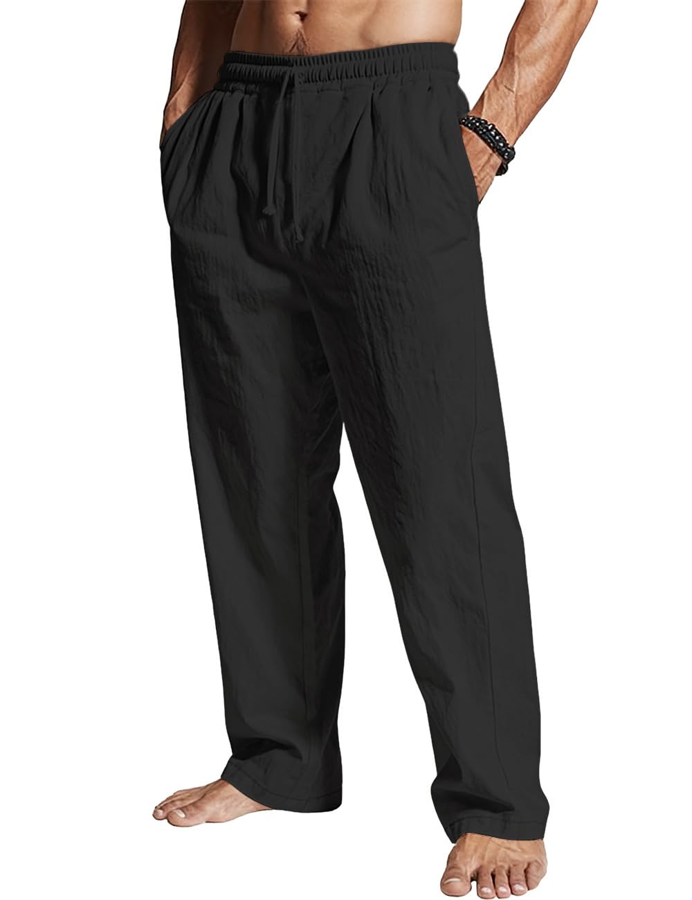 Photo 1 of QOSOQ Men's Casual Linen Pants Loose Fit Drawstring Waist Lightweight Linen Trousers Straight-Legs Summer Beach Long Pants Black