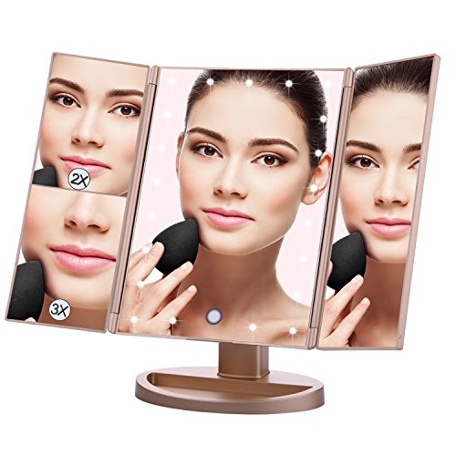 Lighted Makeup Mirror EMOCCI Tri-Fold Vanity Mirrors With 3X 2X 1 Magnification,USB Charging 180 Degree Free Rotation Mirror For Women Girls Cosmetic Make Up Bathroom Countertop Use (Gold)
