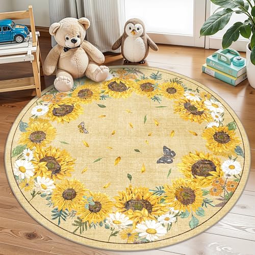 BYYVOO Round Rug 4ft Washable: Sunflower Non-Slip Farmhouse Rugs for Living Room Nursery Dining Room - Soft Stain Resistant Easy Clean Carpet for Family with Pets 4ft Round Sunflower