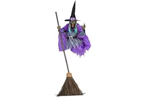 UASWGUDFS 6 Ft Flying Witch Halloween Decor on Broom Outdoor Animatronics Hovering Witch Props with Scary Sounds & Lights Horror Floating Animated House Decor for Garden Yard Lawn Outside Indoor Decoration