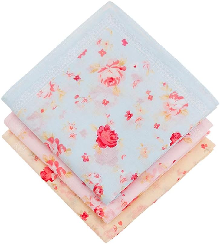 Houlife Ladies 100% 60S Cotton Handkerchiefs Womens Soft Vintage Red Rose Floral Print Hankies for Wedding Party 3/6 Pieces 18x18"/45x45cm