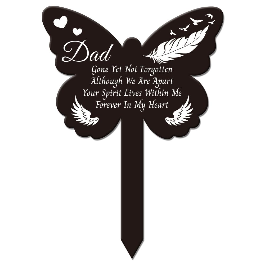 GLOBLELAND Butterfly Shaped Dad Garden Stake Memorial Remembrance Plaque Stake for Cemetery Acrylic Grave Stake Waterproof Sympathy Garden Stake for Yard Grave Cemetery