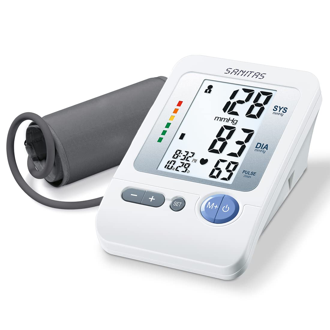 Sanitas SBM21 Upper Arm Blood Pressure Monitor | Medical Device | Upper-arm Cuff Circumference 22-36cm | 4 User Profiles | Arrhythmia Detection | Colour-Coded Risk Indicator | Cuff Positioning Signal