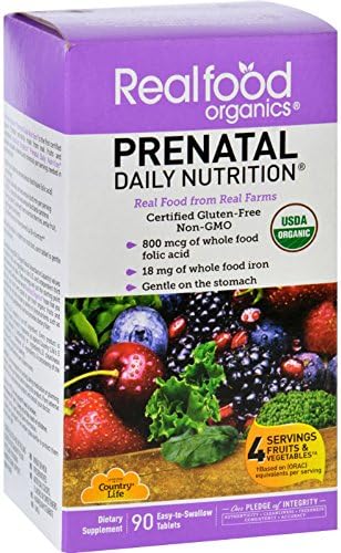 Realfood Organics Prenatal Daily Nutrition - Organic - 90 Tablets - Gluten Free - 800 mcg of whole food folic acid - Gentle on the stomach