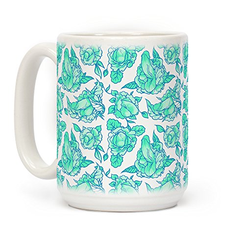 LookHUMAN Floral Penis Teal White 15 Ounce Ceramic Coffee Mug