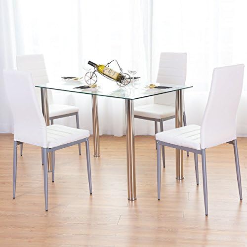 5 Piece Dining Set Table and 4 Chairs Glass Metal Kitchen Breakfast Furniture, Sturdy Tempered Glass and Powder-Coated Steel Construction, Last for Years to Come, Four Comfortable Sponge-Filled Stools