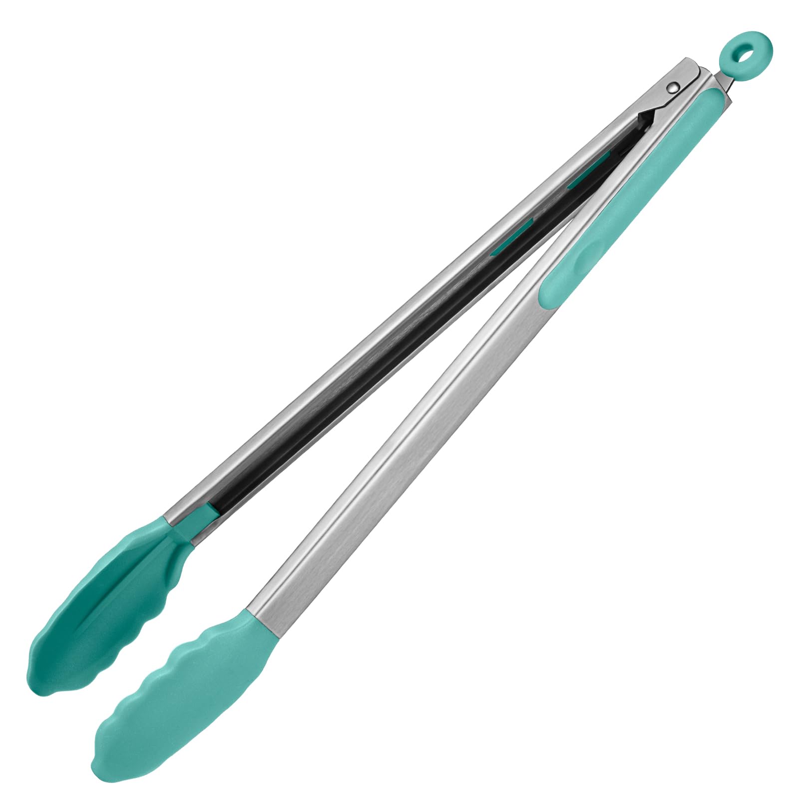 315℃ Heat Resistant Kitchen Tongs: U-Taste 40cm Silicone Cooking Tong with Firm Sealed Non Stick Silicone Tips & Silicone Coated 18/8 Stainless Steel Handle & Smooth Locking for Serving (Aqua Sky)