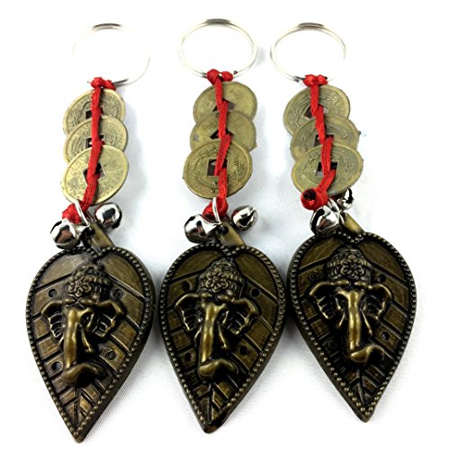M'VIR Ganesha Keychain with Chinese Feng Shui Lucky Coin, Pack of 3 Comes with Secure Velvet Pouch.