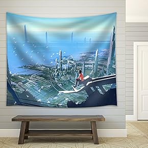 Aerial View with The Man Sitting on Edge of Building Looking at Futuristic City,Illustration Painting - Fabric Wall Tapestry Home Decor - 51x60 inches