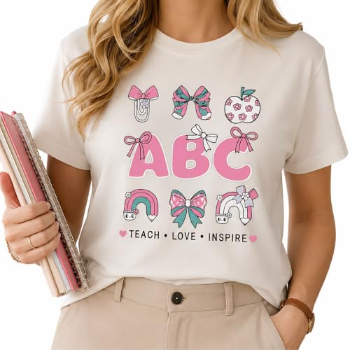 Women's Teacher Shirt Cute ABC Teach Love Inspire Coquette Bow Graphic Tee Back to School Top at Amazon