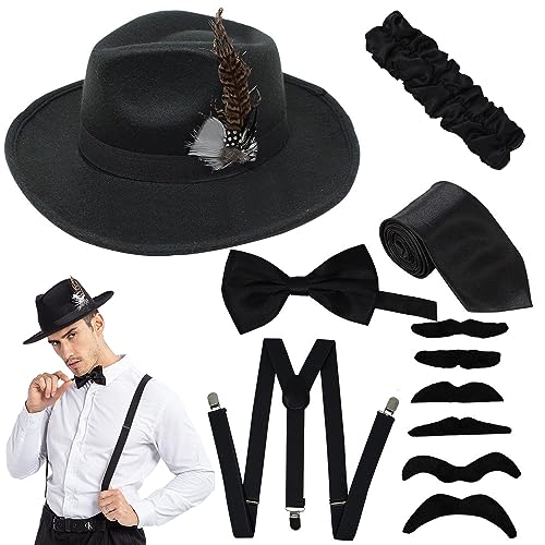 Spooktacular Creations Manhattan 1920s Mens Hat Accessories Gatsby Gangster Retro Hat Suspender Bow Tie Halloween Costume Set