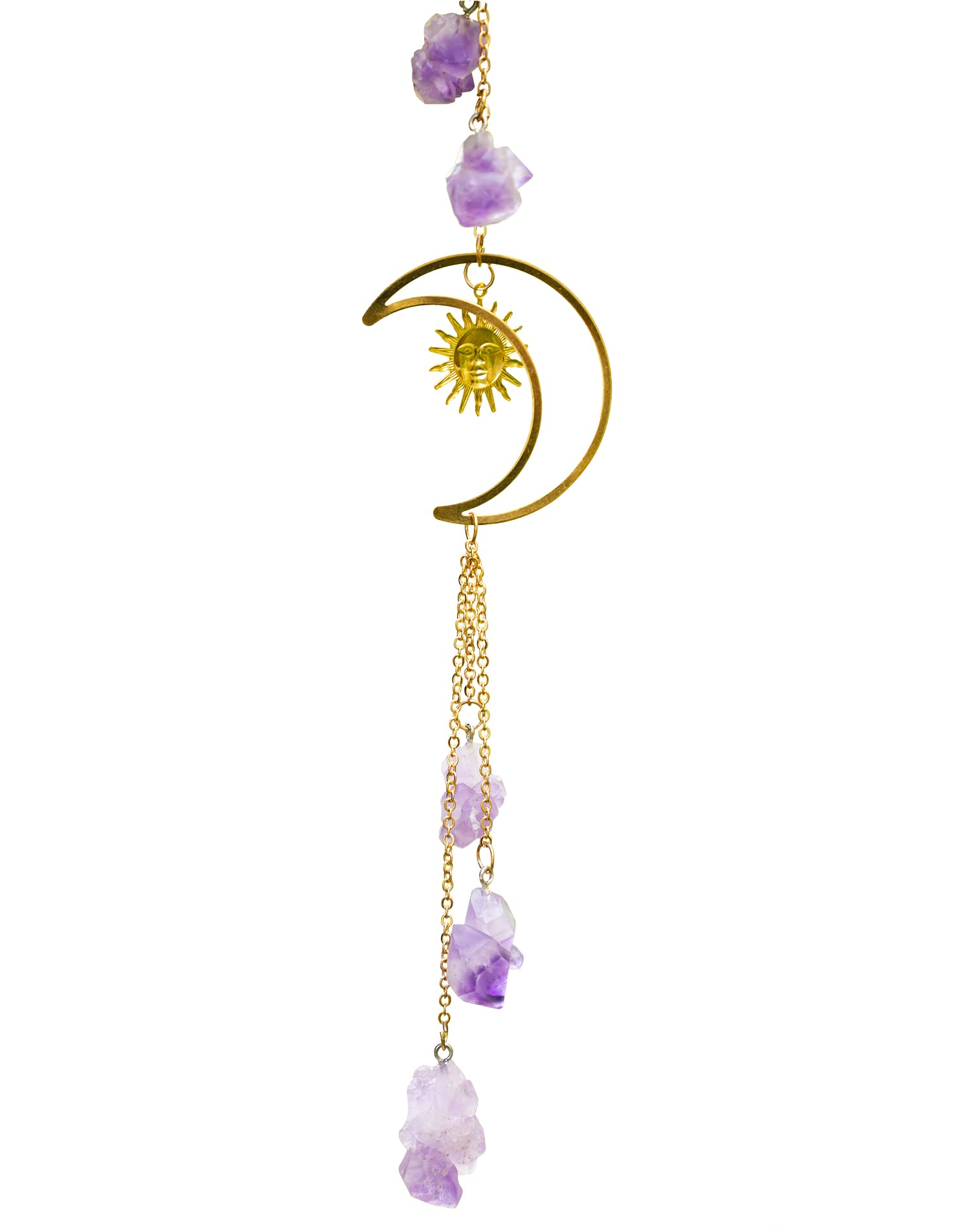 soulnioi Healing Crystal 1Pcs Natural Amethyst Rough Stone Wind Chimes Gold Moon and Sun Dream Catchers Indoor Ornaments Bedroom Decoration