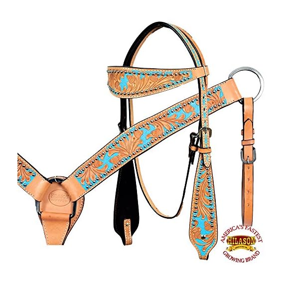 HILASON-S07-WESTERN-AMERICAN-LEATHER-HORSE-HEADSTALL-BREAST-COLLAR-TAN-TURQUOISE