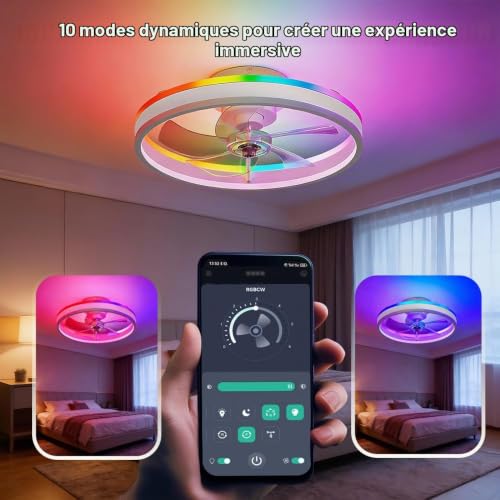 Seyxicnor RGBCW Smart Ceiling Fan with Light, APP Remote Control, 10 RGB Modes, 6 Reversible Speed, Silent LED Dimmable Ceiling Fan for Bedroom 50 cm White