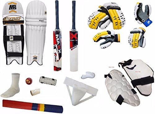 MB Malik Pro Quality 10pc Adult Cricket Set Kit Bat Ball Pad Leg Guard Glove BAT