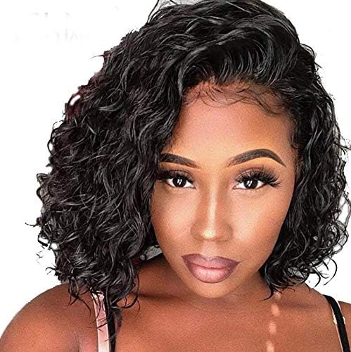 Short Bob Full Lace Human Hair Wigs With Baby Hair For Black Women Pre Plucked Hairline Brazilian Virgin Lace Front Human Hair Wigs 8"-16" Loose Curly Hair Natural Color(Lace Front Wig 14)
