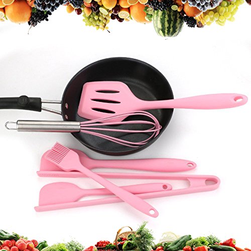 Silicone Pink Kitchen Utensil Set 6 Piece Cooking Utensils Accessories - 2 Sizes Spatula, Tongs, Whisk, Pastry Brush, Slotted Turner - Heat Resistant Baking Supplies