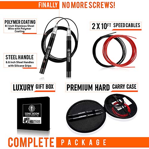 Epitomie Fitness Sonic Boom M2 with Hard Carry Case - High Speed Jump Rope with Patent Pending Self-Locking, Screw-Free Design - Weighted, 360 Degree Spin, Silicone Grip with 2 Speed Rope Cables - Thumbnail 5