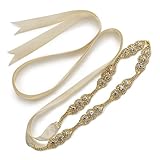 SWEETV Rhinestone Bridal Belt Thin Wedding Sash for Brides Crystal Women Dress Accessories, Gold