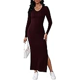 Women's Casual Long Sleeve Collar V Neck Maxi Sweater Dress Sexy Slit Thigh Ribbed Knit Bodycon Pencil Dresses