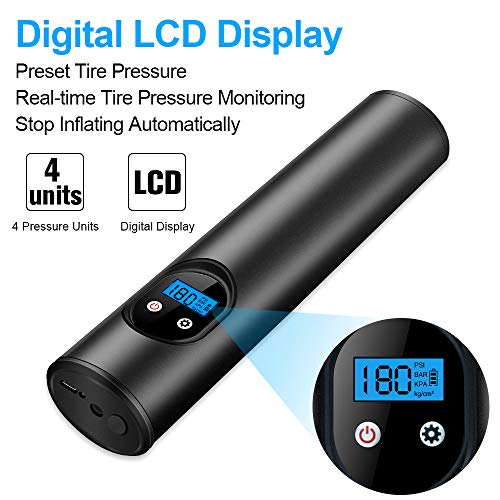 VSTM Portable Air Compressor Mini Air Tyre Inflator Hand Held Tire Pump 2000mAh with Digital LCD LED Light Rechargeable 12V Li-ion Battery 150PSI for Car Bicycle RV Tires and Other Inflatables