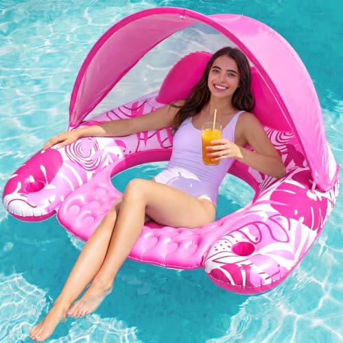 SLOOSH Pool Floats with Canopy Adult,XL Inflatable Pool Lounge Chairs with Cup Holders,Floating Chair for Adults,Inflatable Floaties with Headrest for Party Beach Summer Water Fun,Pink