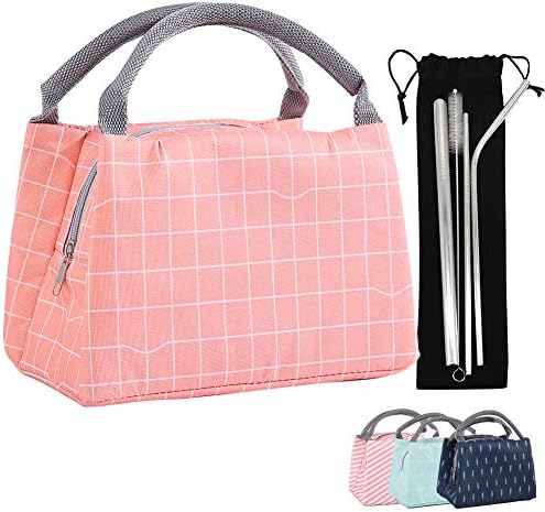 Insulated Thermal Lunch Bag, Picaru Cooler Bag Oxford Lunch Tote Reusable Waterproof Lunch Bag with Metal Straws for Women Kids,9.1ร5.9ร6.3 inches / 23ร15ร16 cm (Pink)