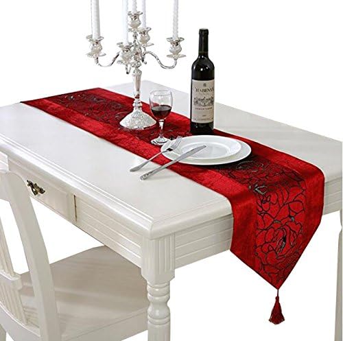 Aothpher 13x70 inch Classic Damask Table Runner Red with Tassel for Thanksgiving, Christmas, Party, Event Decor