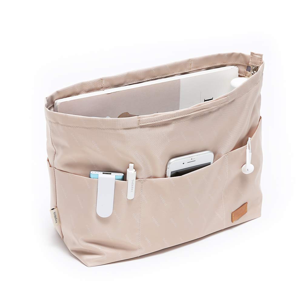 Photo 1 of iN. Purse Organizer Insert with zipper Nylon fabric for women Handbags & Totebag beige Size: Large: 15.7"(Top)/12.2"(Bottom) L × 4.9" W × 10" H