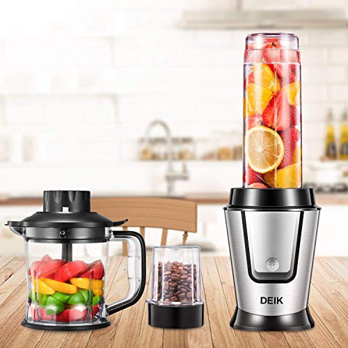 Blender Personal Smoothie Blender (BPA free), 5 in 1 Personal Kitchen Assistant with 304 Stainless Steel Blade for Blending, Grinding and Food Processing, 600ml Portable Bottle, 500W, Deik