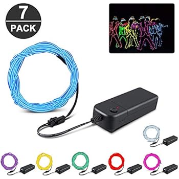 EL Wire, KOMAKE 9ft Neon Lights 7 Pack EL Wire Kit Neon Glowing Strobing Electroluminescent Wire for Halloween Christmas Party Decoration Home (Green, Blue, Red, Yellow, Purple, White, Pink) (7 Color)
