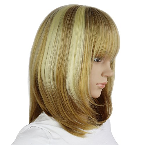 eNilecor Straight Short Bob Wigs 14" with Side Bangs Cosplay Hair Wig for Women Natural As Real Hair (Highlighted Blonde)