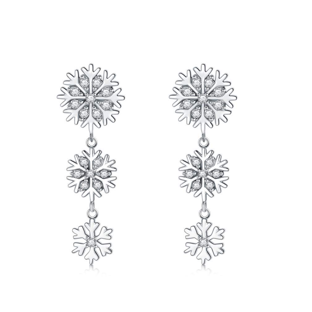 LONAGO Snowflake Earrings 925 Sterling Silver White Snowflake Drop Earrings Jewelry for Women