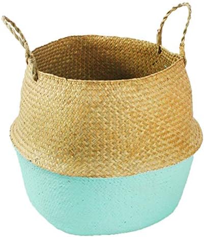 Seagrass Basket, Natural Seagrass Woven Storage Pot Tote Belly Basket for Storage, Laundry, Picnic, Plant Pot Cover, and Beach Bag Flower Vases (Color : Blue, Size : M)