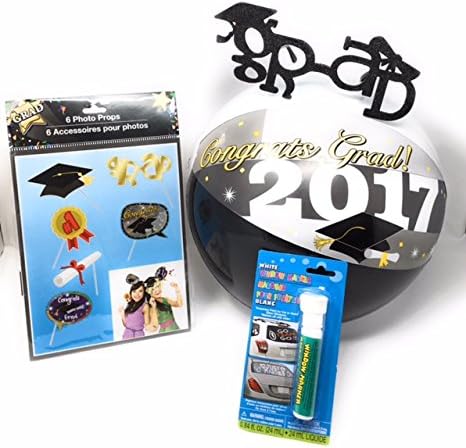 GRAD POOL PARTY Pack Essentials - Pool/Beach Party 2017- 1 Beach Ball, 1 Grad Glasses, 6 Photo Props, and 1 Window Marker (white)
