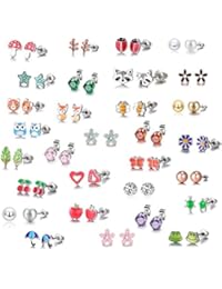 30 Pairs Stainless Steel Mixed Color Cute Animals Fox Heart Star Ladybug Bee Frog Mushroom Tree Daisy Umbrella Rose Gold White Pearl CZ Jewelry Stud Earrings Set (animal tree pearl)