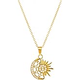 Unurgoonit Gold Sun and Moon Pendant Necklace for Women, Cubic Zirconia Celestial Jewelry, Stainless Steel Chain Gift
