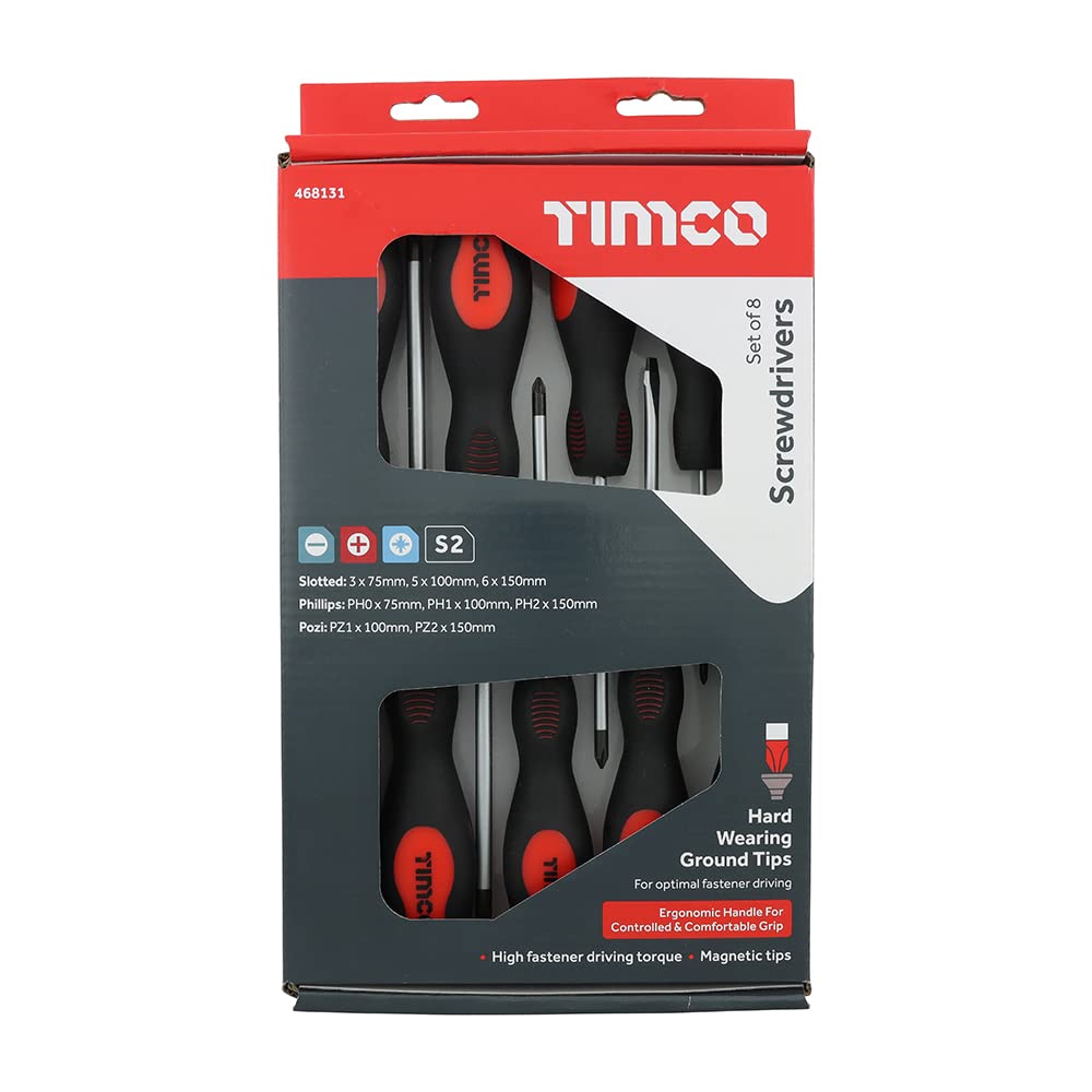 TIMCO Screwdriver Set - Assorted Sizes - 8 Screwdrivers - Ergonomic Handles for an Extra Soft Grip - Magnetic Tips to Assist with Easy Installation - S2 Hardened Carbon Steel, Silver