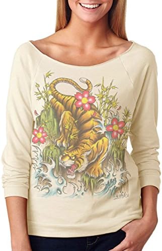 Hellfire Graphics Women's Japanese Tiger 3/4 Sleeve Shirt Large Tan