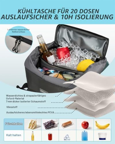 2 in 1 Kühlrucksack - Separat Nutzbare Kühltasche 9L und 26L Hauptfach, 10 Stunden Kältehaltung, Auslaufsicher, Wasserdicht, Isolierter Picknickrucksack für Einkaufen, Camping, Strand, Arbeit