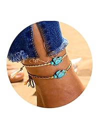 Jeka Sea Turtle Anklets for Women Girls Rope Friendship Handmade Multilayer Bead 10 Pcs Set Hemp Boho Adjustable Hawaiian Beach Foot Jewelry