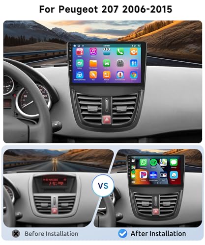 8 Core 4G+64G Android 13 Car Radio for Peugeot 207 2006-2015, 9 Inch 1280 x 720P HD IPS Touch Screen with DSP Carplay Android Auto GPS Wi-Fi Bluetooth FM RDS Radio Backup Camera