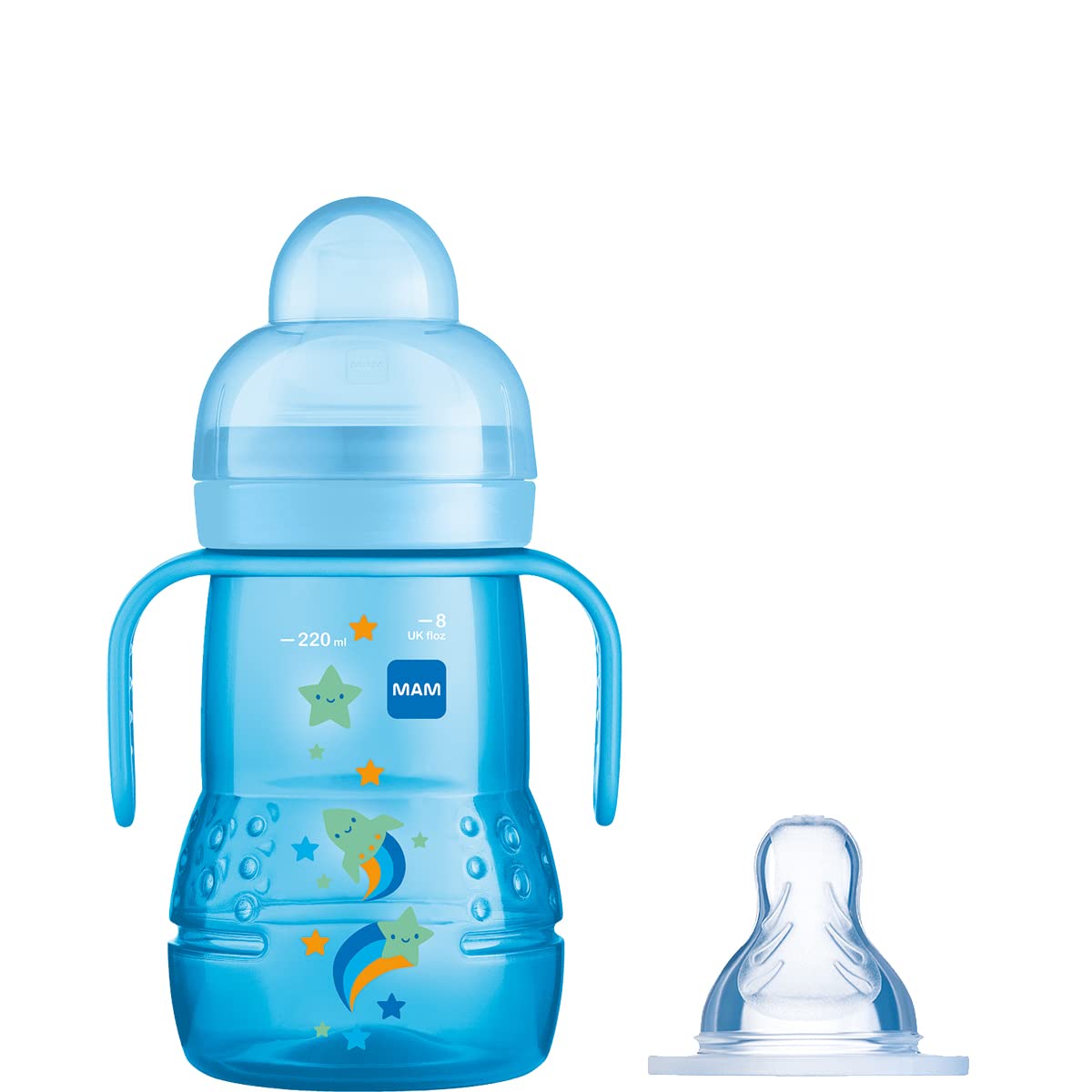 MAM Trainer+ Baby Bottle | 1 Pack (1 x 220ml) | Suitable from 4+ Months for Independent Drinking | Comes with Free Fast Flow MAM Teat Size 3 | Spill-Free | Blue (Various Designs)