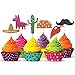 Glitter Fiesta Cupcake Toppers, Mexican Themed Cactus Donkey Taco Pepper Sombrero Mustache Party Decorations,24pcs