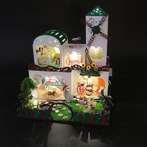 Ploy Wooden Miniatures Dollhouse DIY Kit, Mansion with Furniture Accessories , Glass Dust Proof + LED Decor Light +Music Movement , Loving Family Dollhouse Handcraft ( Green World) D026