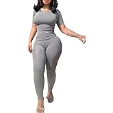 PINSV 2 Piece Sets for Women Summer Casual Jogger Workout Outfits Fitted Crew Neck T-shirt High Waist Legging Sets