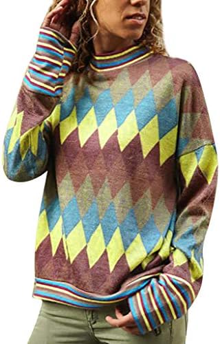 Fashion Turtleneck Pullover for Women Print Long Sleeve Loose T-Shirt Top