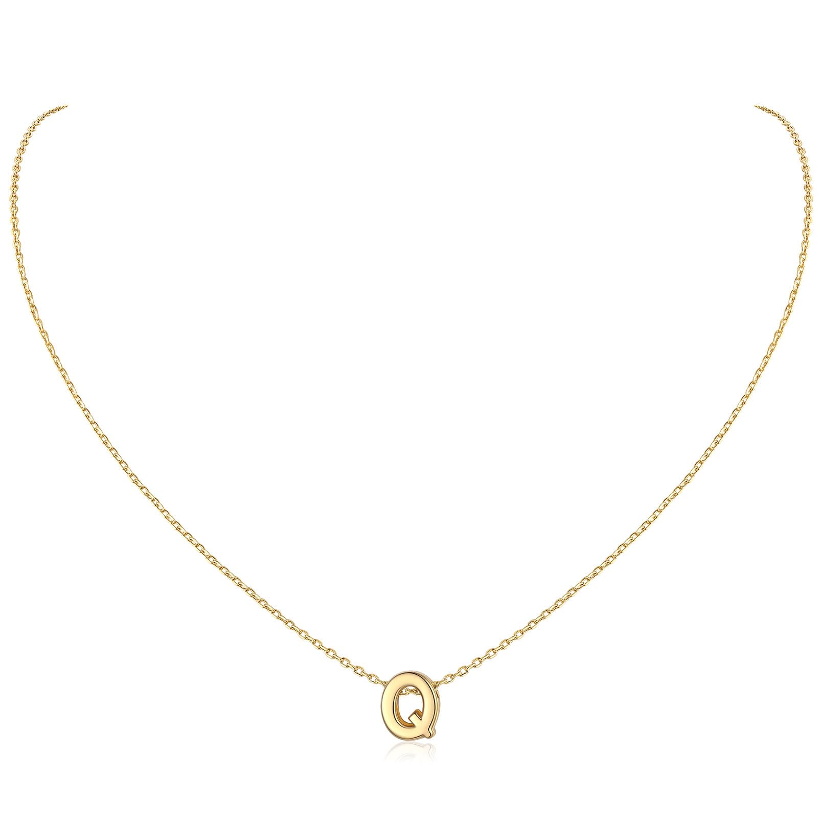 Gold Letter Q Pendant Necklace Sterling Silver Monogram Jewelry Initial Pendant & Rolo Chain Gift for Women Girl - 17-Q